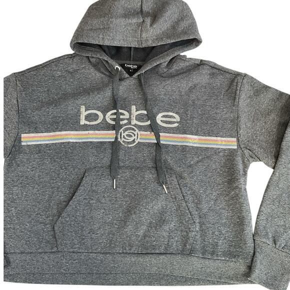 Bebe Women's Sequin Logo Hoodie Charcoal BP2350B Large NWT Thumbholes Kangaroo P - Picture 7 of 11